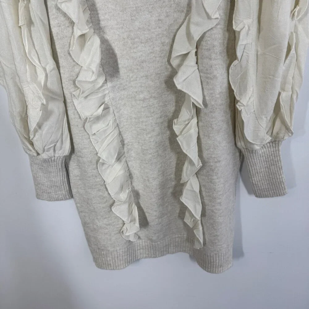 FIGARO Beige Sweater Long Sleeve Ruffle Knit Mini Dress  Quiet Luxury Size 2